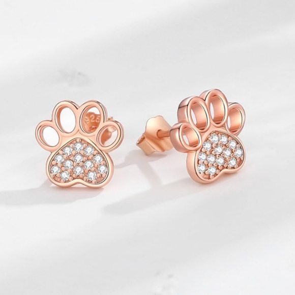 14k Rose Gold Paw Print Diamond Earrings - Picture 2 of 8